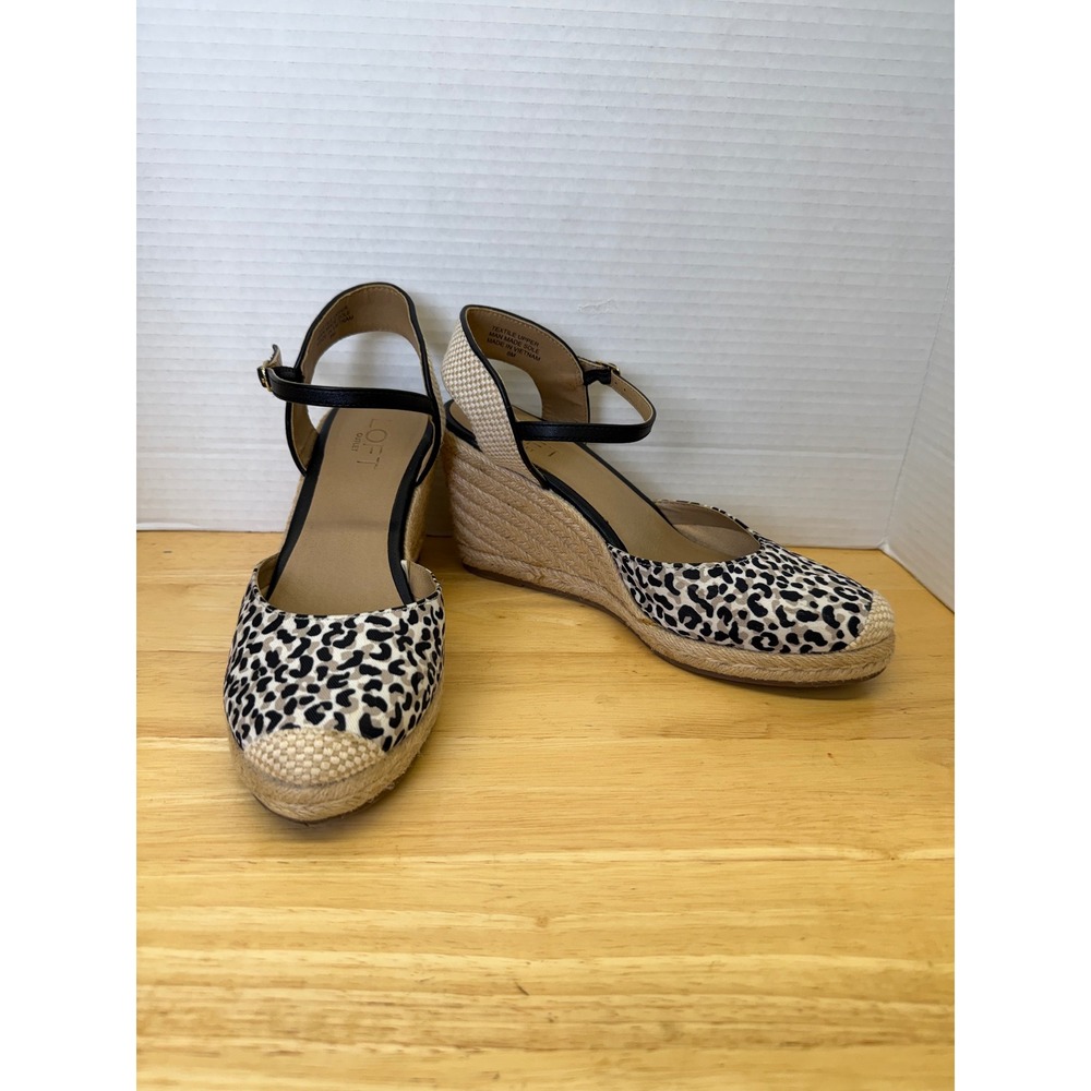 LOFT Outlet Wedge Sandals Womens 8M Leopard Print Tan Black Excellent Espadrille